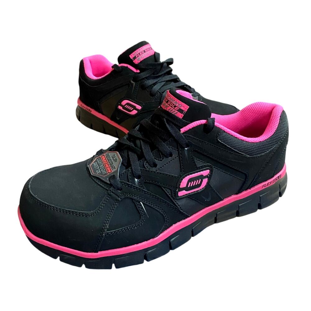 Skechers Women's Work Sneaker 11 Black Pink Alloy Toe Slip Resistant NEW